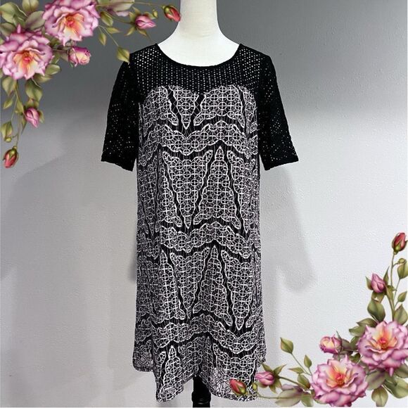 Black & Tan Lace w Mesh Shoulders Dress - Picture 1 of 15